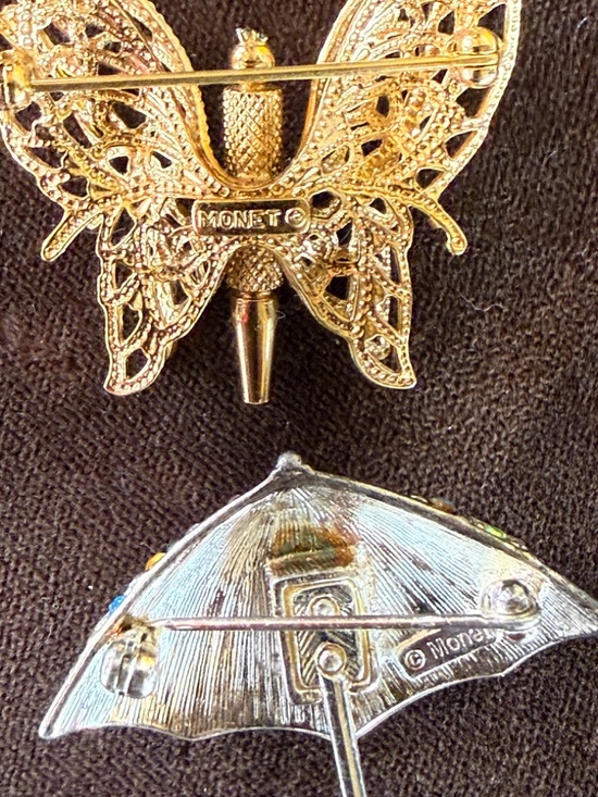 Vintage Monet Brooch, Monet Butterfly Brooch, Golden  2 VINTAGE MONET BROOCHES. GOLD BUTTERFLY. SILVER UMBRELLO